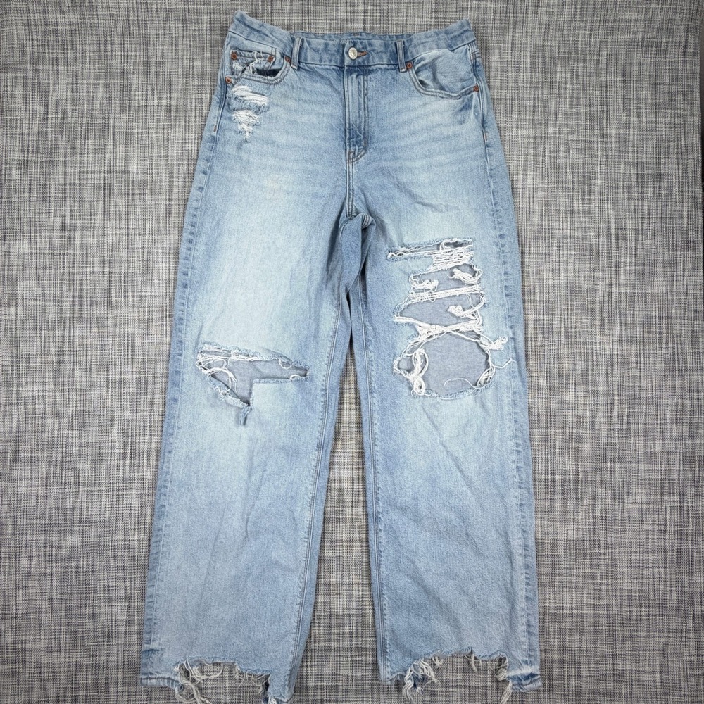 American Eagle Womens 14L Curvy Super High Rise Baggy Straight Distressed Jeans